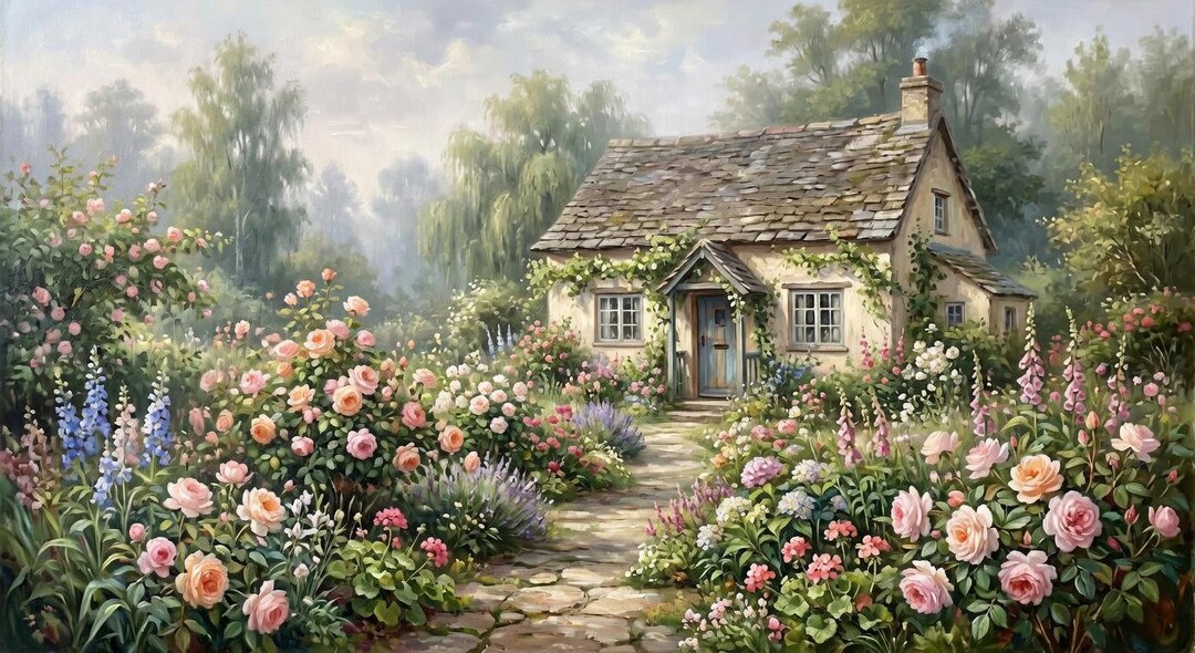 Cottagecore Rose Garden Print, Vintage Floral Wall Art (digital ...