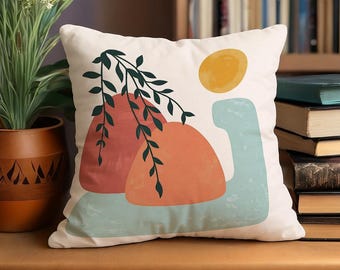 Abstract Geometric Leaf Vase Pillow Cover, Modern Boho Cushion