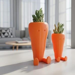 Puede incluir: Dos macetas naranjas con forma de zanahoria con suculentas verdes. Las macetas tienen pequeños agujeros redondos para los ojos y pequeños pies. Una maceta es más grande que la otra. Las macetas están sobre una superficie blanca.