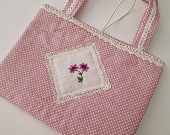 Handmade Quilted Book Cover - Embroidered Pink Bible Case - Cotton Fabric , Lined - Fits Large Books