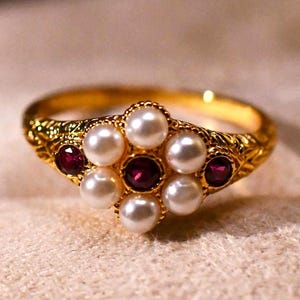 Anillo de perla · Anillo de rubí · Anillo de estilo antiguo · Anillo de flor de color dorado · Anillo victoriano · Anillo llamativo · Regalo · Joyería romántica