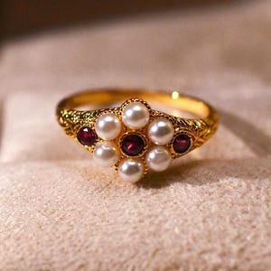 Perlenring · Rubin Ring · Antik Stil Ring·Goldfarbener Blumenring · Viktorianischer Ring · Statement Ring · Geschenk · Romantischer Schmuck