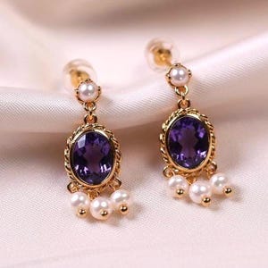 Boucles d'oreilles en améthyste · Perles d'eau douce · Puces d'oreilles en argent sterling 925 plaqué or · Pierre violette · Cadeau pour elle