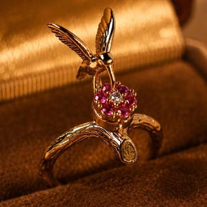 Kolibri Ring Gold · Drehbarer Vogel Ring · Roter Rubin Look · Vintage Stil · Verstellbarer Ring · Geschenk für Frauen · Romantischer Schmuck
