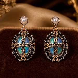 Opal earrings · Freshwater pearls · Gold-plated jewelry · 925 sterling silver post earrings · Vintage & Gothic-inspired style · Elegant short earrings