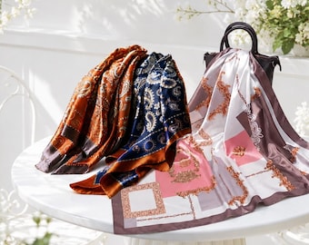 Satin Quadrat Schal für Frauen Seide Haar Schal Kopf wickeln Hals Schal Bandana Haar Accessoire Geschenk für sie Vintage Stil Krawatte 90 x 90 cm