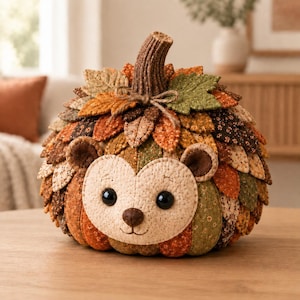 Puede incluir: Una figura de erizo de tela con forma de calabaza, que presenta una cara de color crema con ojos de botón negros y una nariz marrón. El cuerpo está cubierto de hojas de tela superpuestas en tonos naranja, verde y marrón, rematado con un tallo marrón.