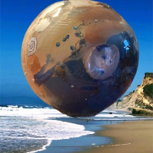 May include: A spherical, translucent resin paperweight containing embedded seashells, small blue stones, and organic textures. The object is suspended against a backdrop of a sandy beach, ocean waves, and a clear blue sky, with the text Bazaart visible.