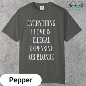 May include: A charcoal grey short-sleeve t-shirt featuring the white text EVERYTHING I LOVE IS ILLEGAL EXPENSIVE OR BLONDE printed in a bold, sans-serif font on the chest. The shirt has a crew neckline and a standard fit, with the word Pepper below.
