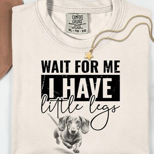 May include: Ivory-colored Comfort Colors t-shirt with the text "WAIT FOR ME I HAVE little legs" in black. A dachshund dog graphic is below the text. A gold star pendant necklace is draped across the shirt.