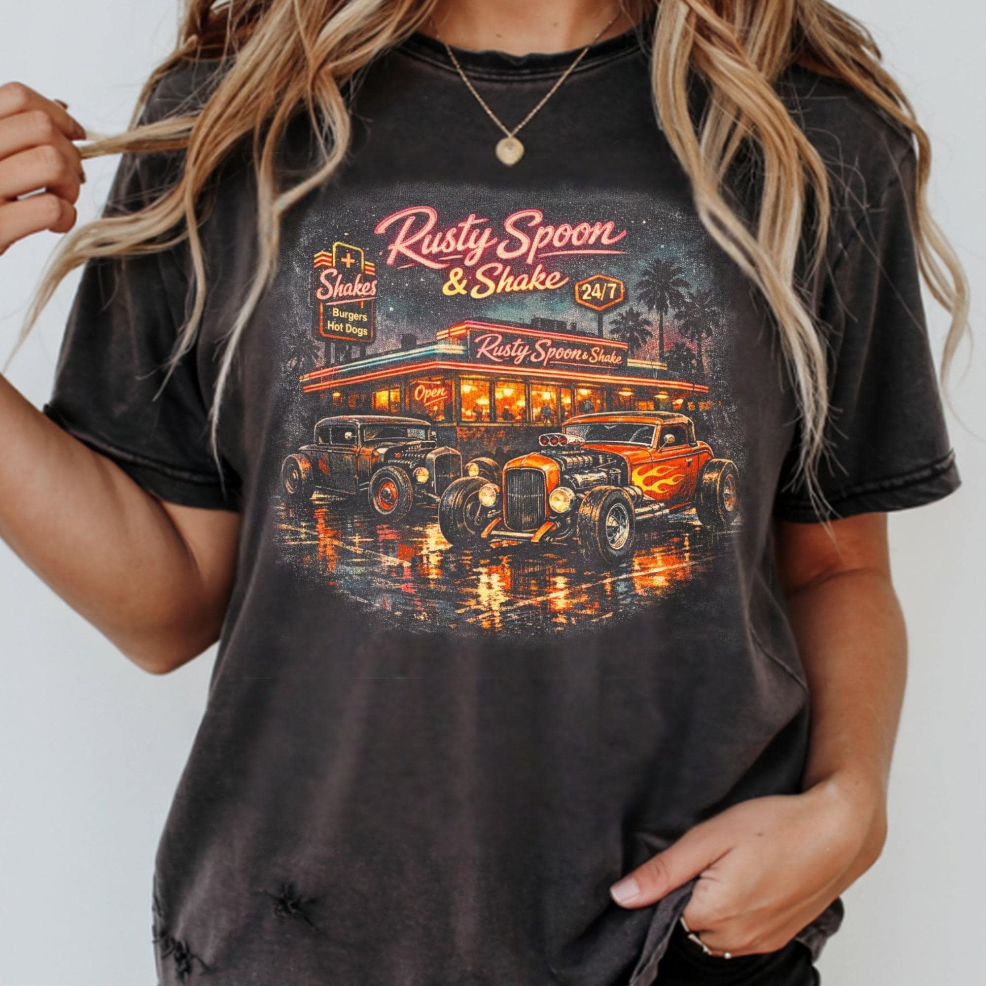 90's Vintage Y2K Hot Rod Diner T-Shirt, Retro Rusty Spoon Shake Tee, Classic Car 50s Rockabilly, American Drive-In Auto Lover Gift
