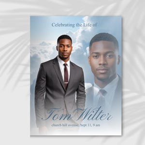 Może przedstawiać: Ogłoszenie żałobne z portretem mężczyzny w szarym garniturze i krawacie na tle zachmurzonego nieba. Tekst brzmi "Celebrating the Life of Tom Wilter, church hill avenue, Sept 11, 9 am."