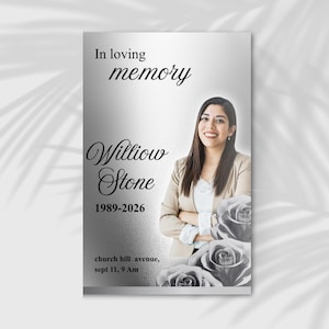 May include: A memorial card with the text "In loving memory" and the name "Willow Stone" with the years 1989-2026. The card features a photo of a woman and grayscale roses.