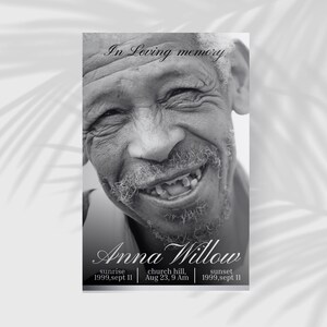 Puede incluir: Tarjeta conmemorativa en blanco y negro con un retrato de una persona mayor sonriente. El texto "In Loving memory" está en la parte superior, con "Anna Willow" debajo. Las fechas y los lugares se enumeran en la parte inferior.