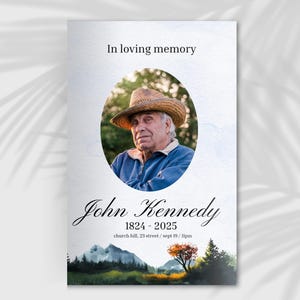 May include: A memorial card featuring the text "In loving memory" above an oval portrait of a man in a straw hat. The name "John Kennedy" is written in cursive below, with dates, location, and a watercolor landscape.