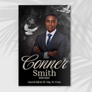 May include: A memorial portrait featuring a man in a dark suit and tie, with white doves and a cloudy background. The name "Conner Smith" is displayed in elegant script, along with dates and a location.