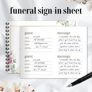 May include: A funeral sign-in sheet with a spiral binding, featuring guest and message sections. The sheet includes space for names, phone numbers, email addresses, and messages. A black pen rests on the sheet, ready for use.