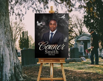 Plantilla de letreros funerarios para hombres, cartel de celebración de la vida, letrero de bienvenida para funerales, letrero conmemorativo en memoria amorosa canva FS6#
