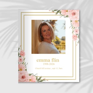 Könnte beinhalten: Eine Gedenkkarte mit einem Foto einer Frau, umrahmt von einem goldenen Rahmen und mit rosa Aquarellblumen verziert. Die Karte enthält den Namen "emma flin" und die Daten 1998-2026, mit Adresse und Uhrzeit.