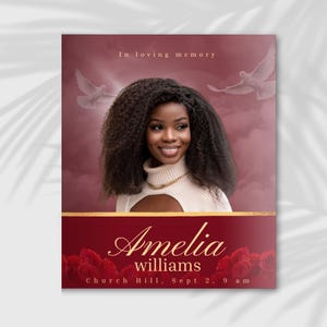 May include: A memorial card with a portrait of a smiling woman, with the text "In loving memory" above her. The name "Amelia Williams" is displayed in elegant script, with additional details below. Two doves are depicted in the background.
