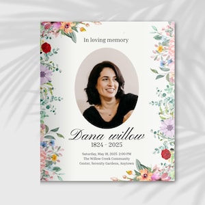 Könnte beinhalten: Gedenkkarte mit einem Foto einer lächelnden Frau, umgeben von Blumenarrangements. Der Text lautet "In loving memory" und enthält den Namen "Dana willow" sowie die Daten 1824-2025, zusammen mit Veranstaltungsdetails.