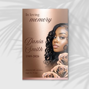 May include: A memorial card with a rose gold background features a portrait of a woman with dark curly hair and the text "In loving memory" and "Dania Smith 1989-2026". The card also includes the text "church hill avenue, sept 11, 9 am".