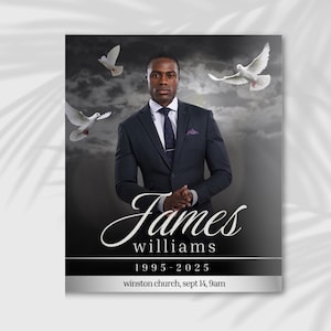 Op de afbeelding: Herdenkingsportret met een man in een donker pak, witte duiven en een bewolkte lucht op de achtergrond. De naam "James Williams" wordt in elegant schrift weergegeven, samen met de jaren 1995-2025 en de kerk en datum.