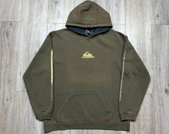 Felpa con cappuccio vintage Quicksilver Surf Boarding anni 2000 Y2K verde da uomo, taglia L