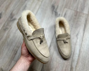 Mocassini Loro Piana Summer Charms da donna, in pelliccia di shearling e pelle scamosciata, taglia 38.