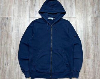 Sudadera con capucha y cremallera completa Stone Island, color azul marino, talla XL-L para hombre.