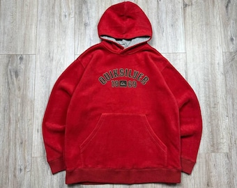 Quicksilver Vintage Y2K-fleecehoody uit de jaren '00 rood, maat jeugd: 16, heren L +-
