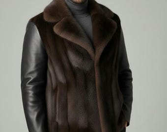 Men’s Genuine Mink Fur Short Coat With Black Leather Sleeves | Luxury Winter Jacket