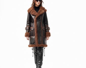 Abrigo de piel de oveja negra para mujer / Chaqueta de piel de oveja auténtica / Abrigo largo de invierno con forro de piel