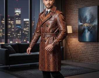 ドラゴンパイソンレザートレンチコート、メンズスネークスキンコート