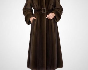 Women’s Real Mink Fur Coat – Luxury Full-Length Brown Winter Coat with Belt, Warm Outerwear