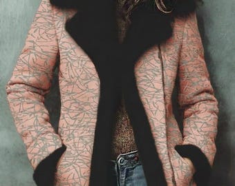 Pink Abstract Faux Fur Trim Coat, Elegant Winter Outerwear