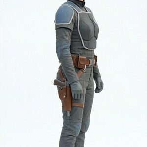 May include: A person wearing a gray and blue armored jumpsuit with a brown holster and a sidearm. The outfit includes gloves, boots, and a utility belt. The person is smiling against a white background.