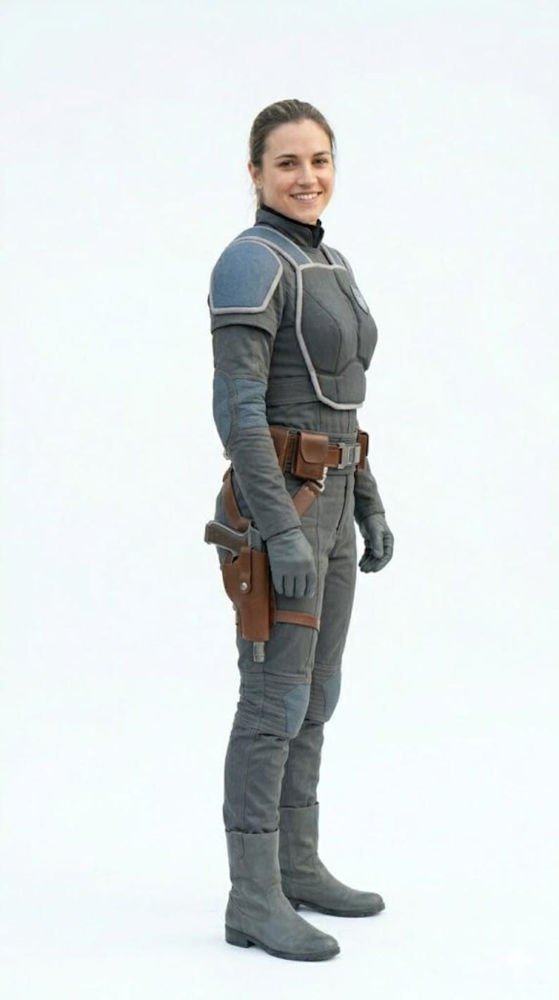 May include: A person wearing a gray and blue armored jumpsuit with a brown holster and a sidearm. The outfit includes gloves, boots, and a utility belt. The person is smiling against a white background.