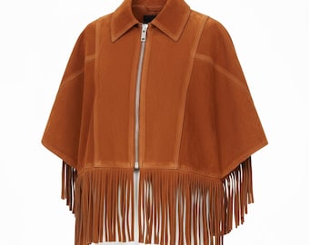 Handmade Tan Suede Fringe Poncho | Western Boho Cape