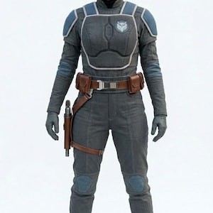May include: A full-body shot of a person in a gray and blue armored costume. The costume includes a chest plate, shoulder pads, and a utility belt with pouches. A holster with a gun is attached to the leg. The person is wearing gray gloves and boots.