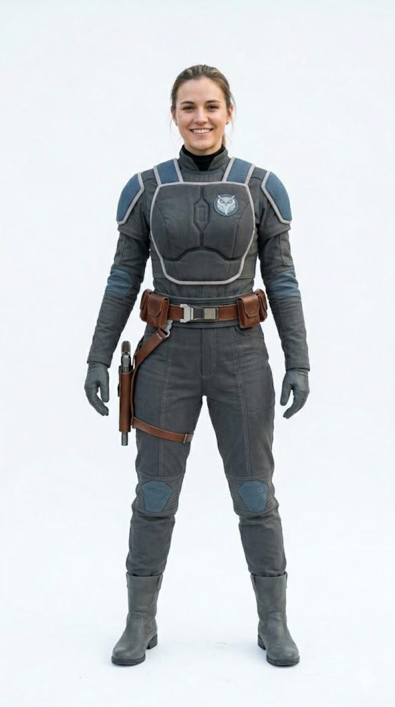 May include: A full-body shot of a person in a gray and blue armored costume. The costume includes a chest plate, shoulder pads, and a utility belt with pouches. A holster with a gun is attached to the leg. The person is wearing gray gloves and boots.