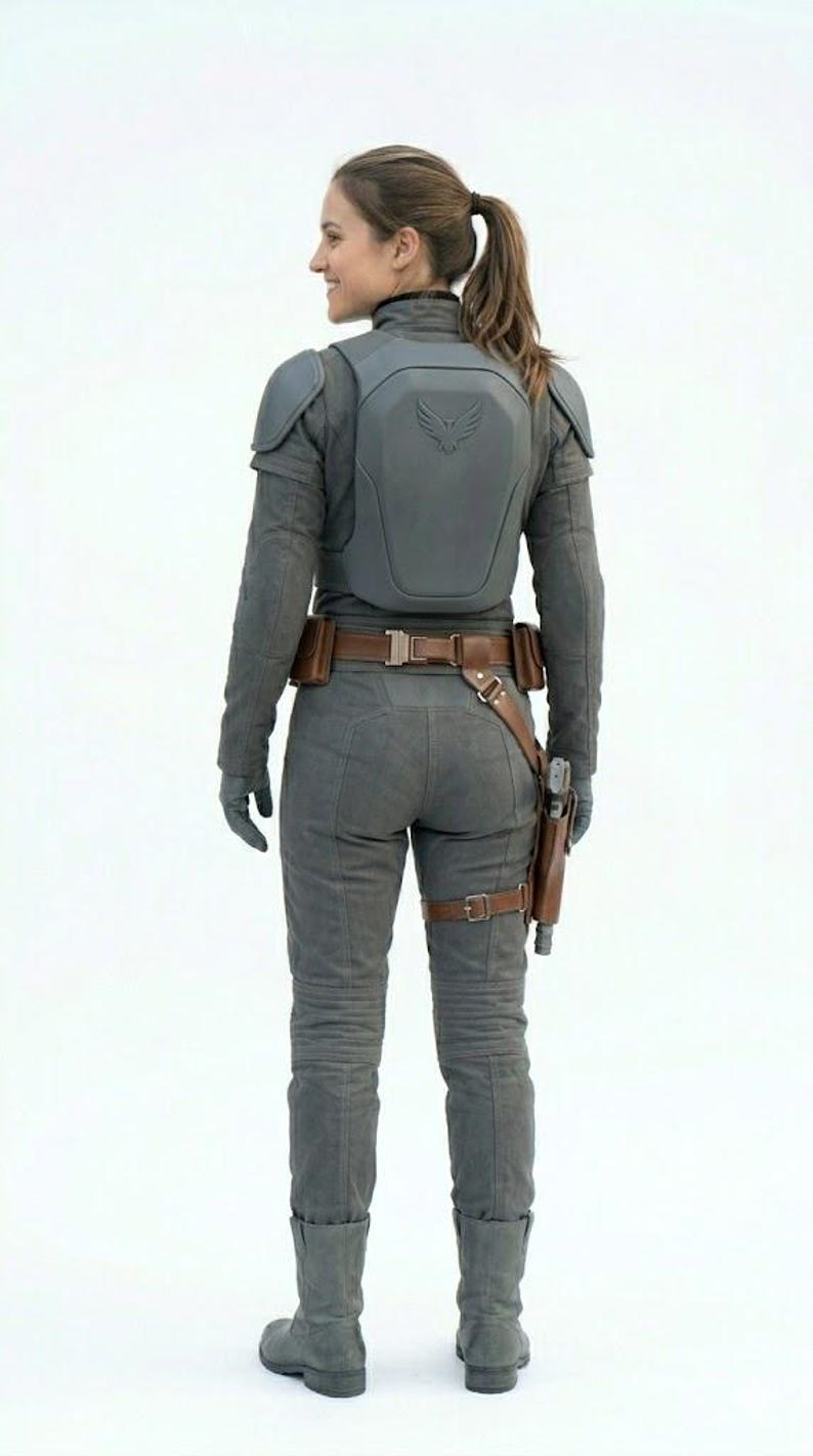 May include: A gray jumpsuit with a matching vest and boots. The vest has a winged emblem. A brown belt and holster are visible. The person is wearing gloves and has their hair in a ponytail.