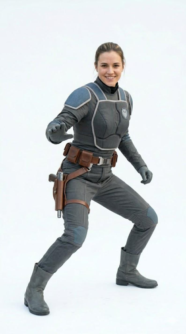 May include: A person in a gray and blue armored costume with a utility belt and holster. The costume includes a chest plate, shoulder pads, gloves, and boots. The person is smiling and posing against a white background.
