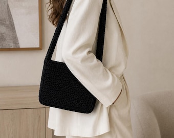 Handmade Black Crochet Bag | Minimalist Shoulder Bag | Woven Purse | Gift for Her |