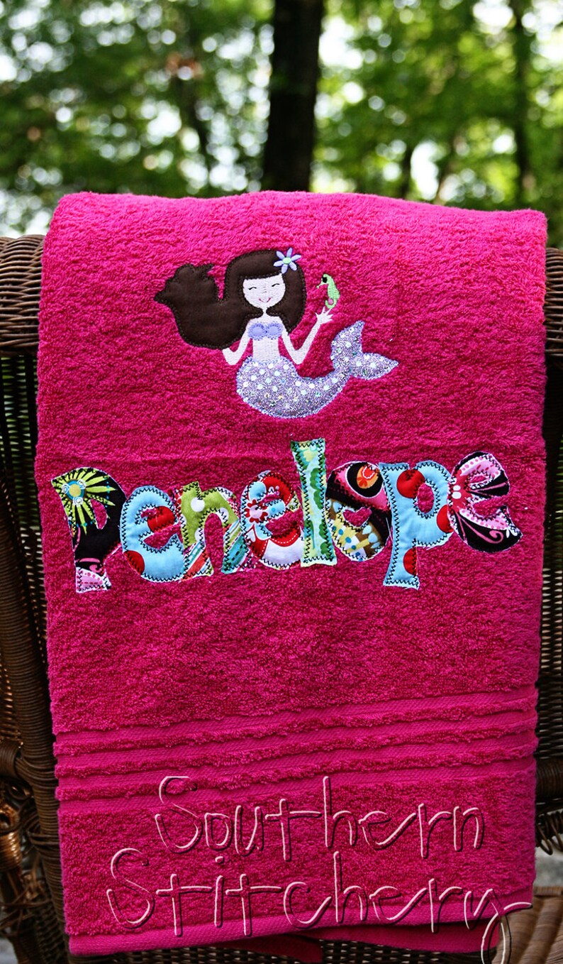 Mermaid Applique Name Towel Girls Personalized Bath Towel Etsy