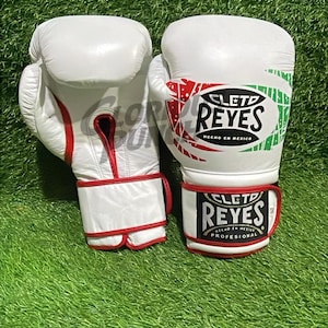 Può includere: Un paio di guantoni da boxe bianchi con dettagli rossi e verdi. I guantoni presentano il logo "CLET0 REYES" in rosso, verde e nero. I guantoni sono su uno sfondo verde, con le parole "Glorious Punch".