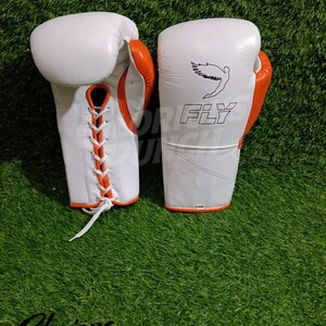 Può includere: Un paio di guantoni da boxe bianchi con dettagli e lacci arancioni. I guantoni presentano la scritta "FLY" e una grafica di un uccello. Sono su uno sfondo verde, con "Glorious Punch" nell'angolo in basso a sinistra.