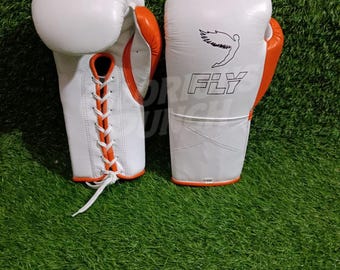 Guantes de boxeo Fly Superlace X / Cuero blanco y naranja, con cordones