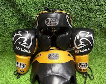 Rival Professional Boxing Set | Black Gold Gloves, Headgear, Groin Guard Training Gear