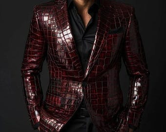Chaqueta de piel color burdeos con estampado de cocodrilo para hombre - Prenda exterior de lujo hecha a mano
